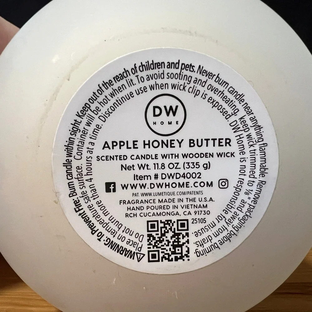 DW Home‎ Apple Honey Butter Wooden Wick Scented Candle 11.8oz Frosted 40 hours